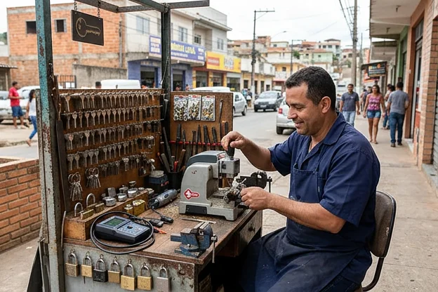 Chaveiro apresentando ferramentas e serviços em Ribeirão das Neves.