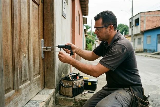 Chaveiro utilizando ferramentas de segurança em Ribeirão das Neves.